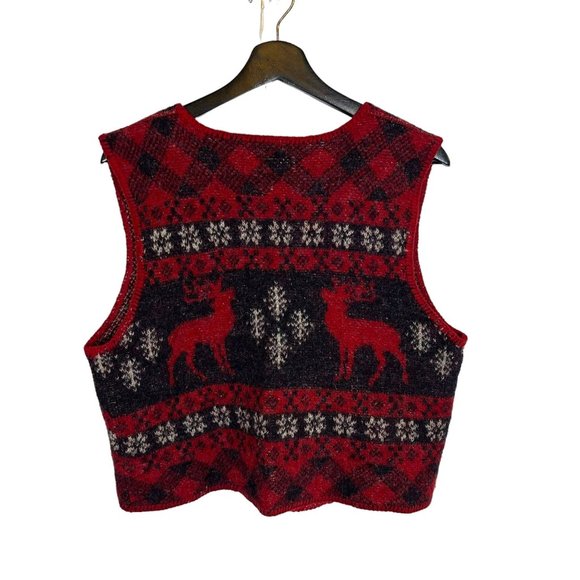 Vintage 90s Black Red Wool Zip Up Deer Nordic Pattern Sleeveless Vest Top Large - Picture 2 of 5